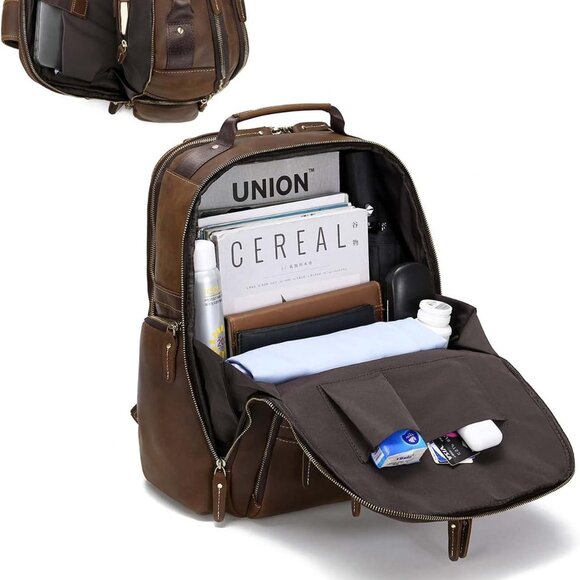 TAERTII Genuine Leather Backpack Vintage BROWN 17.3" Laptop Bag Large NWOT - Picture 5 of 9